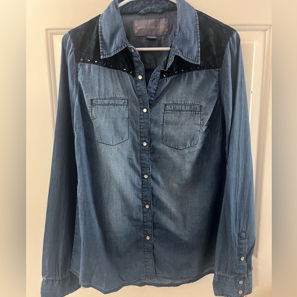 boom boom jeans clip on button shirt with black lace top sz M - Picture 1 of 12
